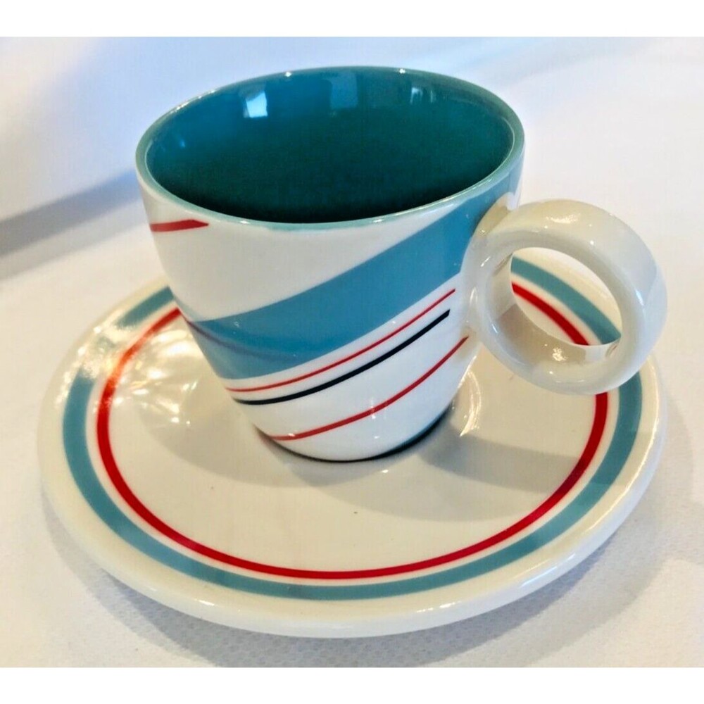 STARBUCKS Candy Striped Aqua Red White Demitasse Espresso Cup & Saucer Holidat